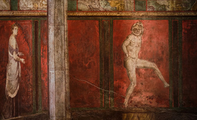 Ancient Rome, detail of the ancient painting in the Villa of the Mysteries in Pompeii. Pompeii was...