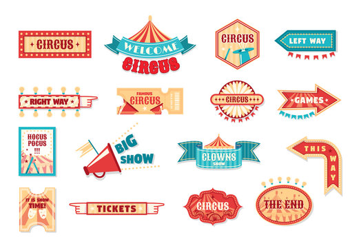 Set of circus labels, signage. Logotype template for carnival, events.