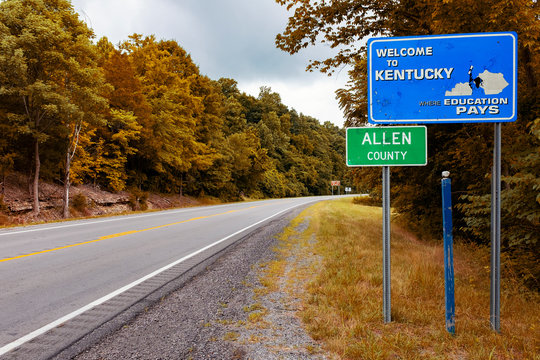 A Kentucky State welcome sign along a road at the entrance of Allen County, in the United States of America.