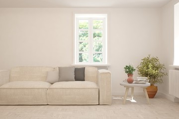 Stylish room in white color with sofa. Scandinavian interior design. 3D illustration