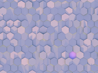 Abstract hexagonal geometric pattern with random shades and single purple field 3d rendering, 3d illustration