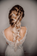 Beautiful Hairstyle of Bride. Fashion Dress and Coiffure. Shatush, Balayage, Ombre Hair. Close Up of Hairdo