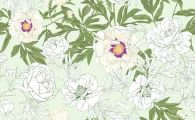 Fotobehang White peony flowers. Seamless pattern, background. Colored and outline design. Vector illustration. In botanical style On tea green background.. © Elen  Lane
