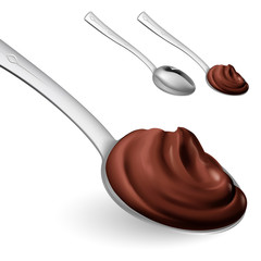 Cream Chocolate in a Metal Spoon. Concept for Healthy Cooking or Baking and Confectionery. Realistic Style Trend Modern Foodie Logotype Graphic Simple Design Element on White Background