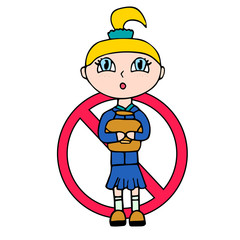 white little surprised schoolgirl in a school uniform holds a briefcase. no children sign. isolated vector illustration
