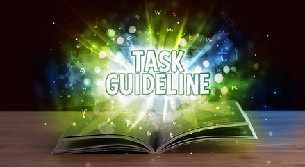 TASK GUIDELINE inscription coming out from an open book, educational concept