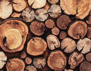 Close up modern creative decor wall with stacked wooden sawn logs background