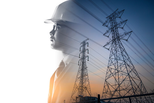 the double exposure image of the engineer thinking overlay with the high voltage pole image. 