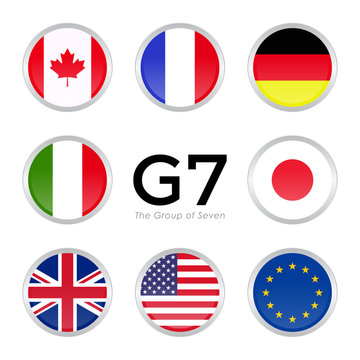 G7 Summit Flags Isolated Icons With European Union. Simple Circle Flags Vector Design.