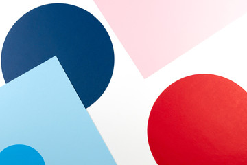 Texture background of fashion papers in memphis geometry style. White, navy blue, light blue, red and pastel pink colors