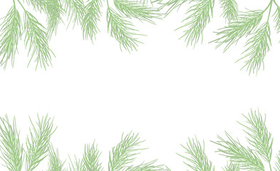 Naklejka na ściany i meble hand drawn border with green spruce, fir and snow flacke on white background for Christmas and Happy New Year greeting cards
