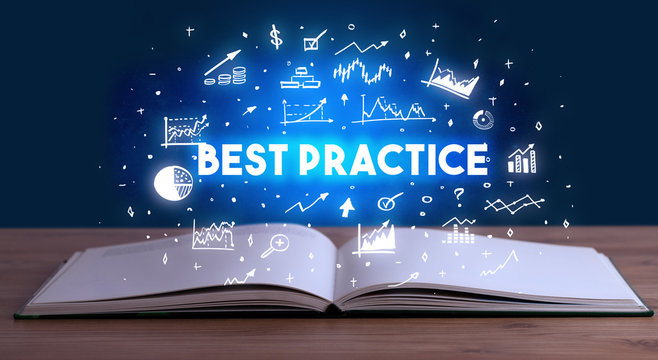 BEST PRACTICE inscription coming out from an open book, business concept