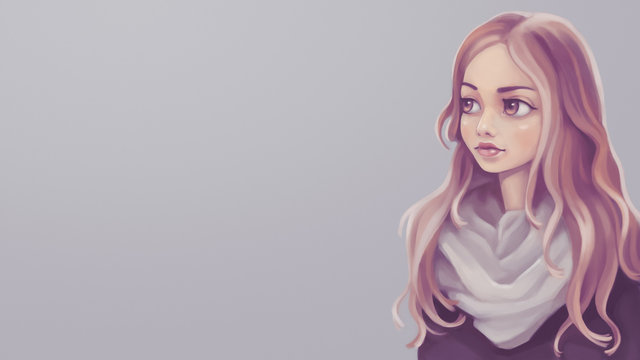 Blonde woman with long wavy beautiful hair, big brown eyes and pensive expression. Autumn mood. Portrait of a girl in a white scarf. Digital illustration on gray background. Attractive female student.