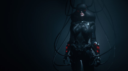 Woman gamer in futuristic suit and VR helmet diving deep into virtual reality. Dark Action Scene. Many wires connected to black sci-fi female costume. Cyber technology. Concept art. 3d illustration. - obrazy, fototapety, plakaty