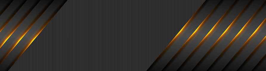 Black abstract tech banner with orange glowing neon light. Vector futuristic luminous background