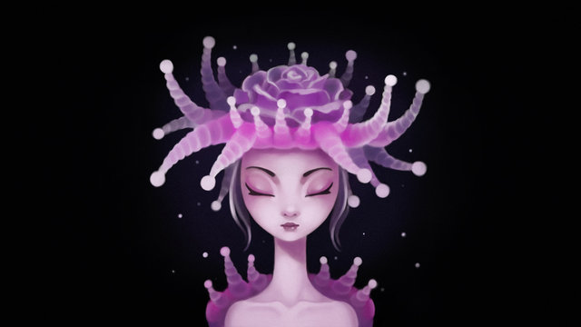 Beautiful asian girl with a crown of big rose and anemone in the deep sea. Concept art underwater princess with eyes closed. Portrait of a romantic mermaid with glowing bubbles. Digital illustration.
