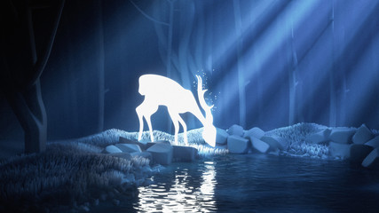 Glowing deer drinks water from the pond in the moonlight. Mysterious forest. Cartoon illustration background. Blue landscape with silhouettes of trees in the misty forest. White fairy deer. 3D render.