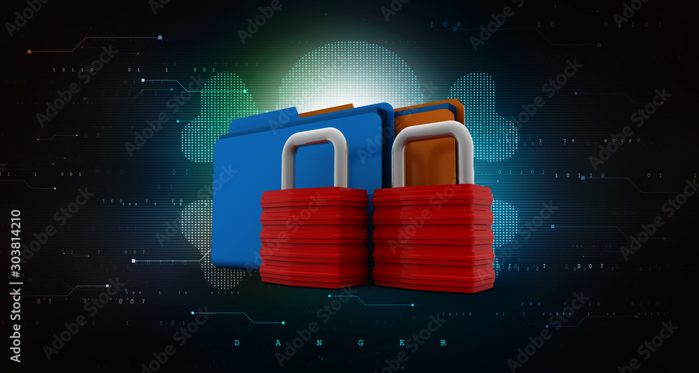 Poster yellow folder and lock. data security concept. 3d rendering