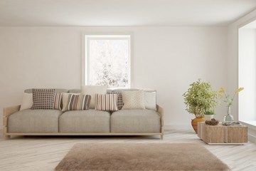 Stylish room in white color with sofa. Scandinavian interior design. 3D illustration