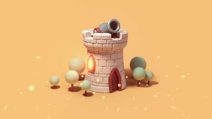 Medieval tower with a cannon for a game. Single little cartoon castle with light from the wooden window. Ancient fortress in low-poly style. Stylized stone tower. 3d rendering on yellow background.