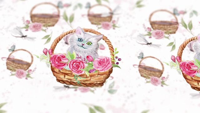 Abstract background with hand drawn watercolor cats and flowers. Seamless looping 4K footage. 