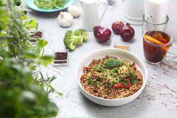 Buckwheat dish. Buckwheat with vegetables, appetizing vegetarian dish. 