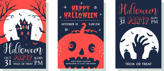 Happy Halloween invitation card. Set of  three postcards. Set of Halloween icons and design elements. Vector illustration. Greeting cards with traditional symbols.