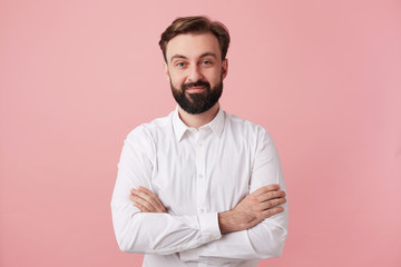 young bearded brunette man male guy with short haircut trendy hairstyle dressed in wearing white...