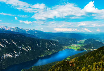 Fototapeta na wymiar Aerial view of Lake Bohinj in Slovenia in summer