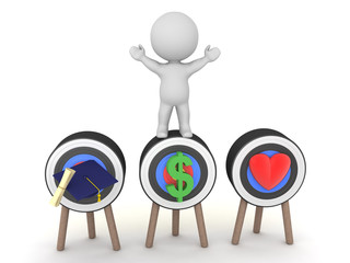 3D Character standing on top of education, money and love targets