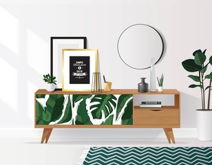 Wooden sideboard with plants and posters on it against white wall. Modern interior with tropical elements. Vector illustration