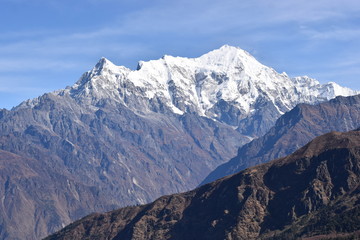 View of the Himalayas mountain range in the Langtang National Park of Nepal