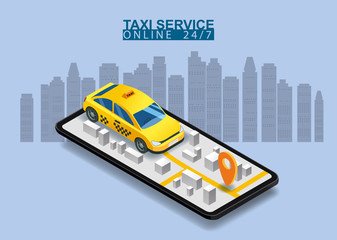 Taxi service isometric. Smartphone with city map route and points location yellow car
