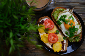 breakfast and brunch. two sandwiches of black bread, with cheese and vegetable filling, lie in a...