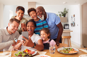 Multi-Generation Mixed Race Family Posing For Selfie As They Eat Meal Around Table At Home Together
