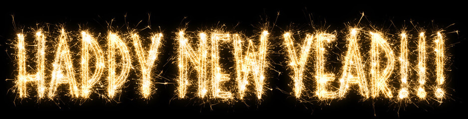 Text Happy New Year written sparkling sparklers . Hand lettering isolated on black background. Beautiful glowing overlay template for holiday greeting card , banner , decoration site .