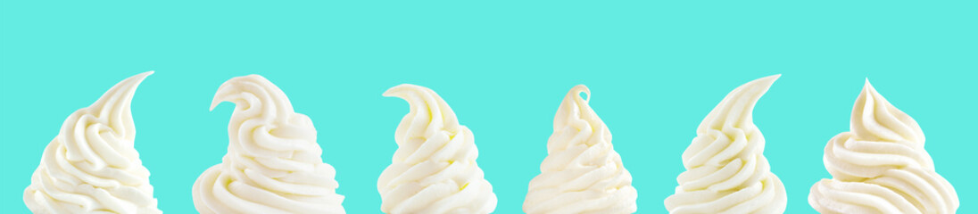 Panorama with assorted shapes of twirled ice cream