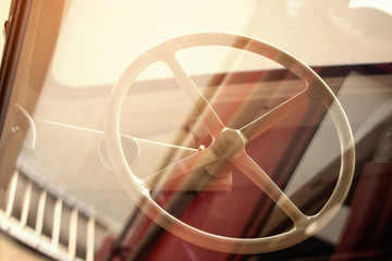 Interior of classic vintage car, Steering wheel on American classic car.