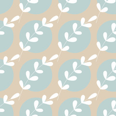Fototapeta premium Hand drawn oblong leaves on twigs on the background of polka dot. Seamless vector pattern in pastel colors
