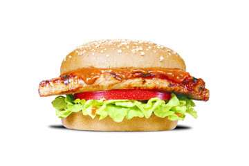 Burger with cheese, grilled chicken, tomato and salad isolated on white background