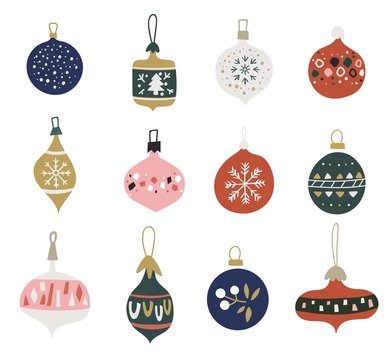 Christmas set with balls and baubles. Christmas glass toys. Hanging balls with various patterns, drawn in the Scandinavian style. Flat style.