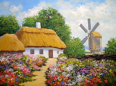 Oil paintings rural landscape, old village in Ukraine. Fine art, artwork, old wooden house