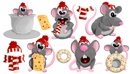 Set of cute rats in red hats in cartoon style. Vector set of rats for your design on white background