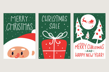 Christmas greeting card with Santa, gift box and tree vector set isolated on background.
