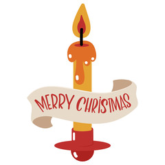 Candle and ribbon banner with handwritten text Merry Christmas vector cartoon illustration isolated on background.