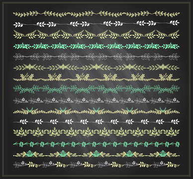 Natural leaves borders, dividers and brushes graphic line set on a chalkboard