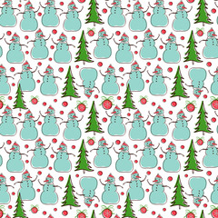 Seamless vector pattern with snowman and trees in retro style.