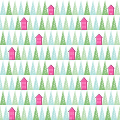 Seamless vector pattern with stylized trees and houses.