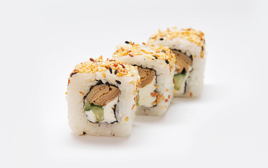 Japanese rolls on white background.