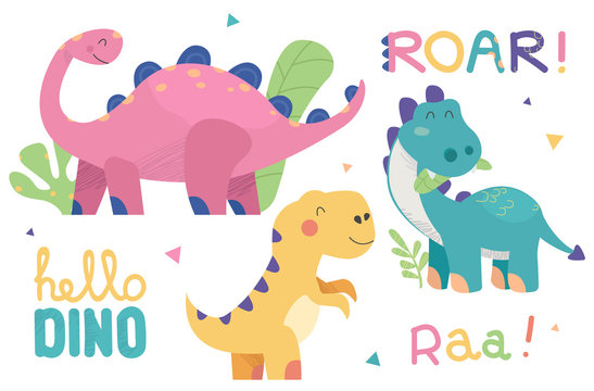 Set of cute dinosaur illustrations. Funny cartoon dino collection with tropic plants and slogans. Hand drawn vector set for kids design, isolated on white background.